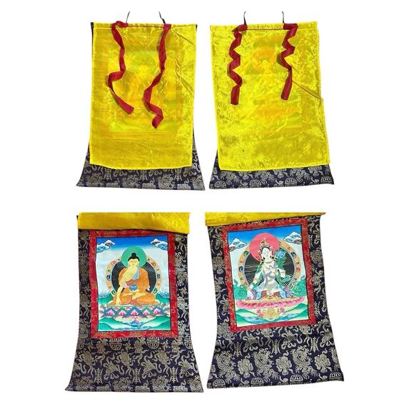 Other Other - Tibetan Thangka Paintings Nepal Set of 2 Vairocana Buddha & White Tara 25.5x16.5